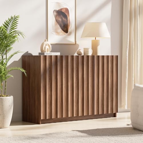 Modern Buffet Cabinet with Storage, 47.2" Tall Fluted Arched Sideboard Cabinet w/Adjustable Shelves, Wooden Modular Coffee Bar for Dining Room, Kitchen, Living Room, Entryway, Brown by Unknown