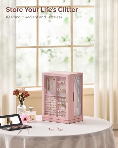Glimmloop 360° Rotating Jewelry Box with 7 Drawers, Spacious Vertical Jewelry Organizer with Glass Window, Jewelry Storage Case, Dustproof & Moisture-resistant Design, Pink - Image 2