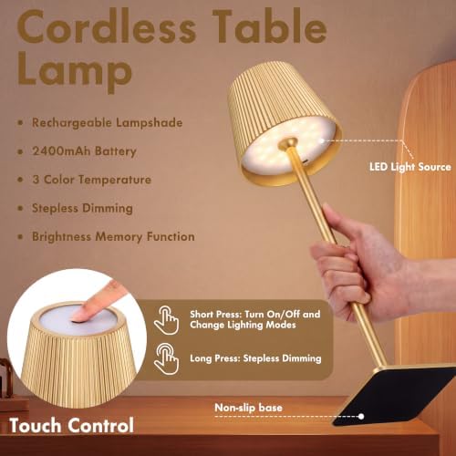 6 Pack LED Cordless Table Lamp Portable Rechargeable Desk Touch Lamp Waterproof 3000mah Battery Operated 3 Color Stepless Dimming Touch Control for Restaurant Bedroom, Classic(Gold) - Image 3