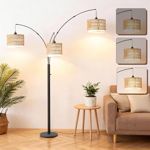 Black Arc Floor Lamp for Living Room, Boho Floor Lamp with Stepless Dimmable Switch, Rattan Standing Lamp with Wicker&Fabric Shade, Farmhouse Tall Lamp for Bedroom Over Couch Corner Reading by Unknown