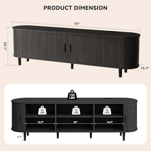 70" Mid Century Modern TV Stand with Power Outlet, Fluted Entertainment Center with Storage and Adjustable Shelves, Wood TV Console with Sliding Doors for Living Room, Black - Image 3
