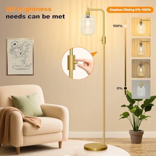 【Upgraded】 Dimmable Floor Lamp for Living Room with Clear Ribbed Glass Lampshade, Gold Modern Floor Lamp with 900LM LED Bulb Included, Arc Standing Tall Lamp for Bedroom, Office, Reading Room, Corner - Image 3