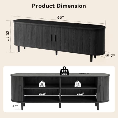 65" Mid Century Modern TV Stand with Power Outlet, Fluted Entertainment Center with Storage and Adjustable Shelves, Wood TV Console with Sliding Doors for Living Room, Black - Image 3
