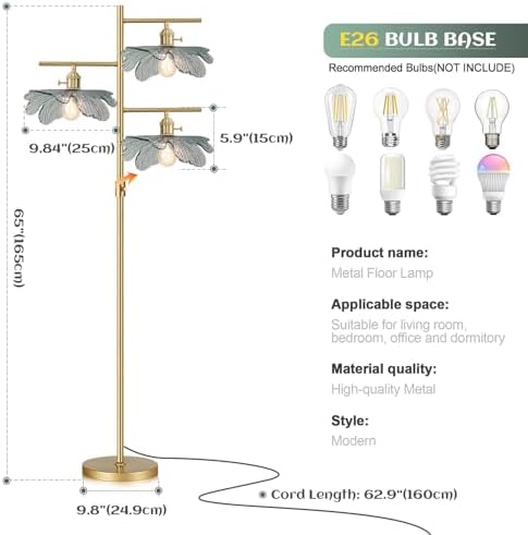 Vintage Floor Lamp Farmhouse Floor Lamps for Living Room, Brass Tree Lamps Dimmable Standing Lamp Tall Lamps with Dark Green Glass Shade, Gold Flower Floor Light for Bedroom Corner Study - Image 4