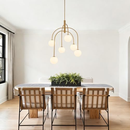 LamQee 6 Lights Mid Century Modern Chandelier, Milk Glass Globe Chandelier Light Fixture with Gold Metal & White Ball, Large Pendant Lighting Ceiling Hanging for Dining Room Kitchen Island Entryway - Image 4