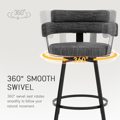 Counter Height Bar Stools with Full Back – Swivel Counter Stools Set of 2 with Linen Padded Back, Metal Footrest, Modern Barstools for Kitchen Counter, Island, Dining Room, Black 24 inch - Image 4