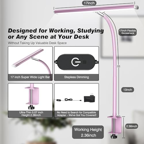Airlonv LED Desk Lamp with Clamp, 17" Stepless Dimming Light (Pink) - Image 3