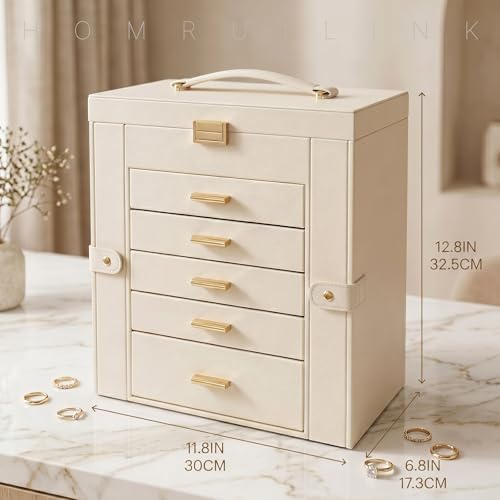 Large Leather Jewelry Box for Women, Mirror, 6 layer, White - Image 2