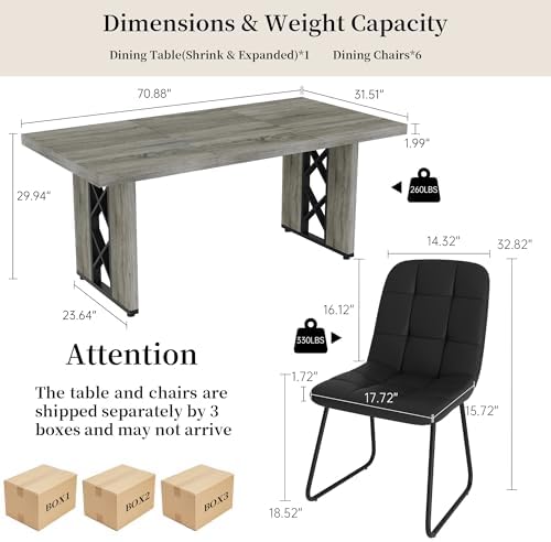 HIPIHOM 7-Piece Dining Table Set for 6, Grey Table with 6 PU Black Chairs - Image 2