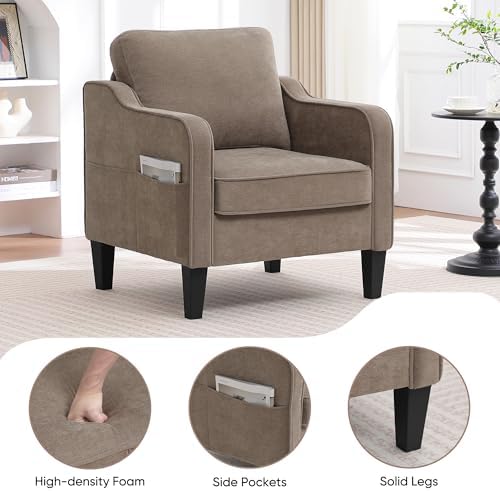 Accent Chairs Set of 2, Upholstered Living Room Chair with Side Pockets, Mid Century Modern Reading Chair for Bedroom, Comfy Armchair Single Sofa Side Chair for Office, Small Room, Brown - Image 4