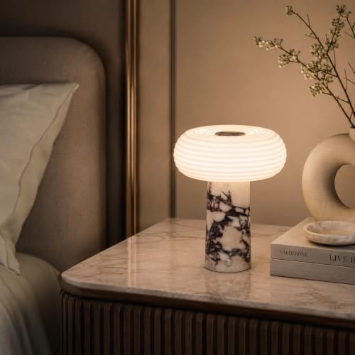 Nebula Marble Cordless Table Lamp, Rechargeable Lamp with 5200mAh Battery, 3- Way Dimmable, Genuine Calacatta Viola Marble Base, Ribbed Glass Shade, for Bedroom Living Room Office - Image 2