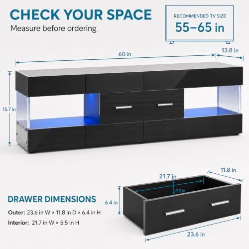 Bestier Black 60 Inch Modern TV Stand, LED Entertainment Center with Drawer - Image 2