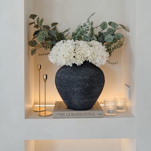 SilkSerenade Large Black Round Vase for Flowers & Table Centerpieces - 11 Inch Rustic Textured Earthy Stone Look, Matte Big Vessel Decorative Arina Modern Farmhouse Wabi Sabi Decor Living Dining Room - Image 5