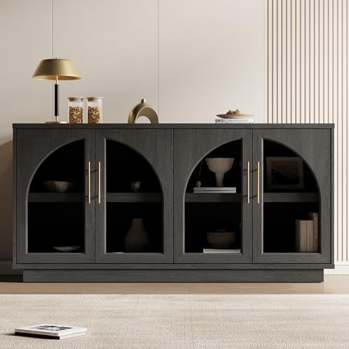 Fatmok Extra Long Console Table with Storage,Modular Buffet Sideboard Cabinet with Arched Glass Doors for Living Room,Entryway,Hallway,Black Grey(GB,2-Piece) - Image 5