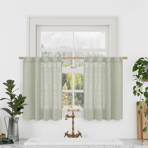 LAMIT Sage Grey Linen Kitchen Curtains 30 Inch Length for Small Window by LAMIT