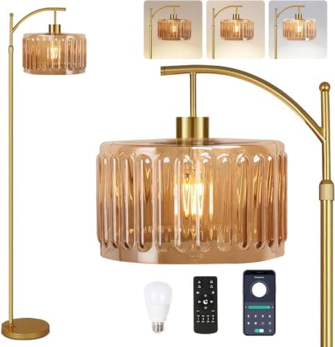 QIYIZM Floor Lamp for Living Room,Bedroom,Gold Dimmable Standing Lamp with Remote,Mid Century Modern Brass Tall Lamp Retro Vintage Glass Lamp Floor Light Boho Bohemian by QIYIZM