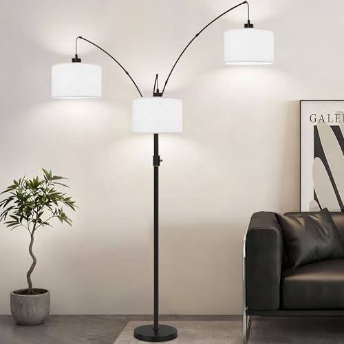 Dimmable Floor Lamp - 3 Lights Arc Floor Lamps for Living Room,Modern Tall Standing Tree Lamp with White Drum Linen Shade & Heavy Base,Mid Century Floor Lamp for Bedroom Corner Office,Bulbs Included by EnjoyingABetterLife