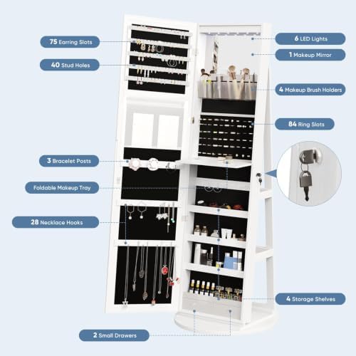 OLIXIS 360° Swivel Jewelry Cabinet with Light, Lockable Full Length Mirror - Image 5