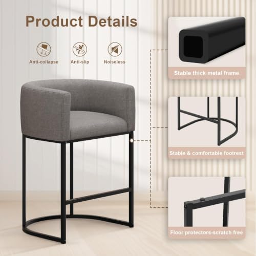 26" H Counter Height Bar Stools Set of 3, Modern Barrel Counter Stools with Backrest and Arms, Linen Fabric Upholstered Accent Barstools for Kitchen Island,Support 450 LBS (Gray) - Image 6