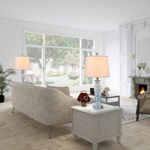 27.7” Farmhouse Table Lamps for Living Room, Blue&White, Set of 2 - Image 6