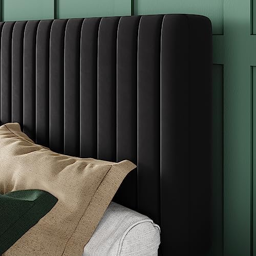 Allewie King Platform Bed Frame, Velvet Upholstered with Adjustable Vertical Channel Tufted Headboard, Mattress Foundation with Strong Wooden Slats, Box Spring Optional, Easy Assembly, Black - Image 4