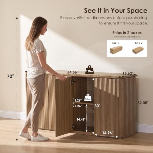 64" Fluted Sideboard Cabinet with Storage, Modern Buffet Cabinet, Oak - Image 2