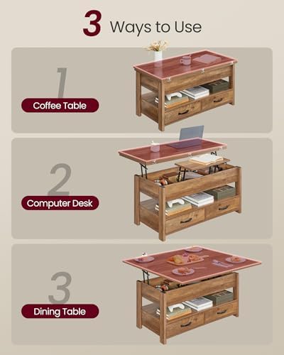 VASAGLE Lift Top Coffee Table, 3 in 1 Center Table with Storage, 2 Drawers - Image 5
