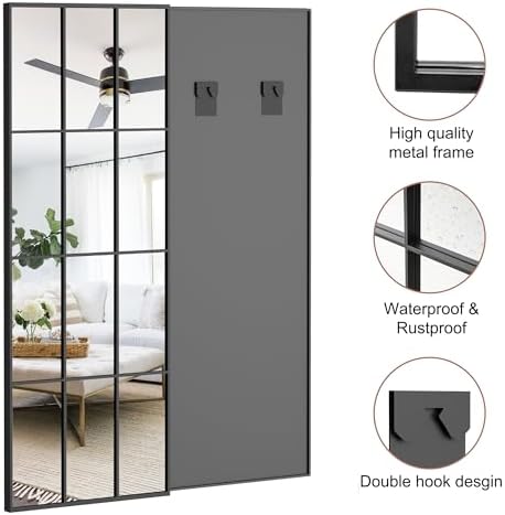 Mirror Full Length, 65"x22" Large Rectangular Mirrors, Black Window Pane Wall Body Mirror with Aluminum Frame, Farmhouse Standing Mirrors Hanging or Leaning for Living Room,No Stand - Image 7
