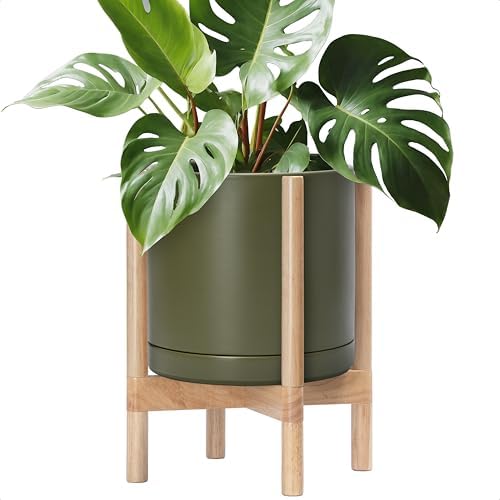D'vine Dev Ceramic Pot with Natural Wood Stand, Olive, 12 in, 55-B-J-J by DvineDevPlanterPotsandStand