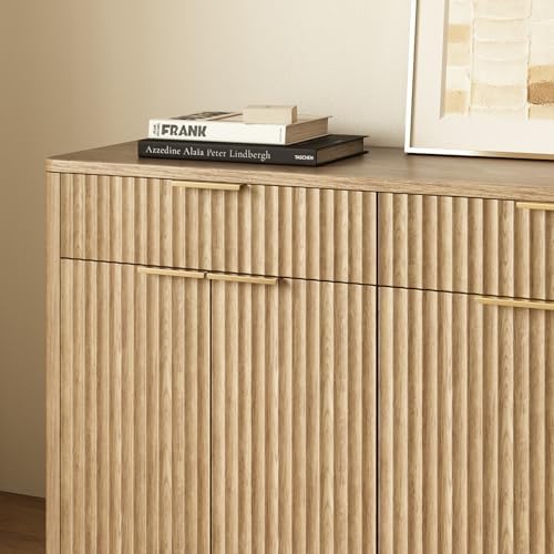 Evermagin 67" Fluted Oak Sideboard Buffet Cabinet with 3 Drawers - Image 6