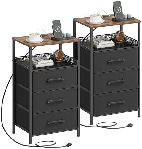 JARHETUN Nightstand Set of 2, Night Stands with Charging Station, 26.4 Inch Tall Bedside Table with Metal Shelf, Modern Side End Table with 3 Fabirc Drawers, Small Dresser for Bedroom, Rustic Brown by JARHETUN