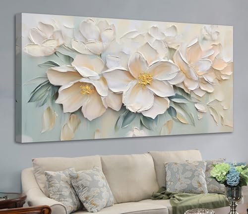 Anolyfi Large White Floral Canvas Wall Art for Living room Bedroom 58"x29" by Anolyfi