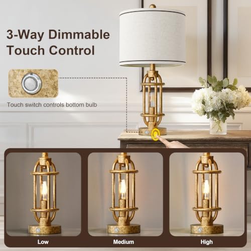 G-SAFAVA 23.75'' Table Lamps Set of 2 for Living Room Bedroom Industrial Farmhouse Metal Touch Lamps with USB A+C Ports, Night Light Vintage Nightstand Bedside Lamp, Bulbs Included, Champagne Gold - Image 5