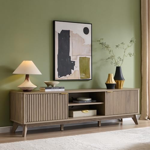 OKD 70" Mid Century Modern Fluted TV Stand w/ 2 Soft Close Door, Alder Grey by OKD