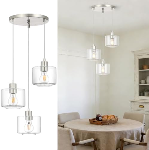 Brushed Nickel Dining Room Chandelier Light Fixture, 3-Light Pendant Lighting with Clear Glass, Modern Kitchen Island Cluster Hanging Pendant Lights for Kitchen Dining Room, OS-YQ8153-3BNC by Osimir