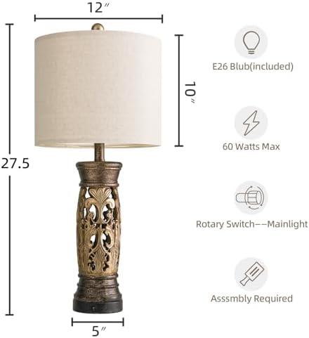 27.25" Antique Gold Table Lamps with Night Light, Bedside Lamps Set of 2 - Image 6