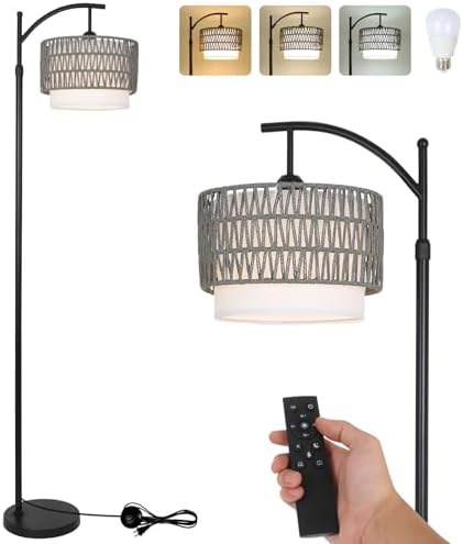eyassi Floor Lamps for Living Room, Arc Standing Lamp with Remote & Dimmable Bulb, Boho Rattan Floor Lamp for Bedroom with 3 Color Temperatures, Farmhouse Tall Lamp, Height Adjustable Stand up Lamp by EYASSI