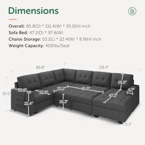 HONBAY Modular Sectional Sleeper Sofa with Pull Out Bed, U Shaped Sleeper Couches with Storage Chaise, 114'' Sleeper Sectional Sofas for Living Room, Apartment (Dark Grey) - Image 3