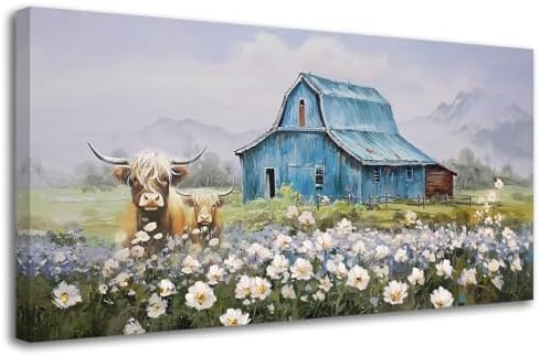 Anolyfi Farmhouse Highland Cow Canvas Wall Art for Living Room 48"x24" - Image 2