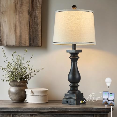 28" Tall Farmhouse Table Lamps with USB C+A Ports and AC Outlet, 3 Way Touch Control Rustic Bedside Lamps for Bedroom, Black Vintage Nightstand Lamps for Living Room Office by MouvovoLighting