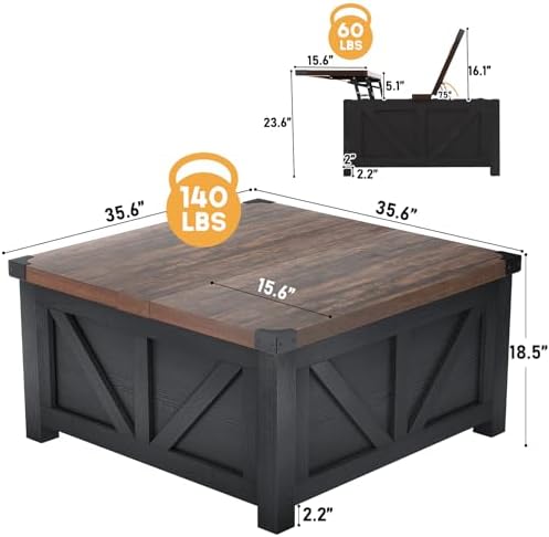 jimeimen Farmhouse Lift Top Coffee Table with Storage, Wood Square Center Table with Charging Station&USB Port, Living Room Table w/Large Hidden Space, for Living Room, Bedroom, Home Office, Black - Image 2
