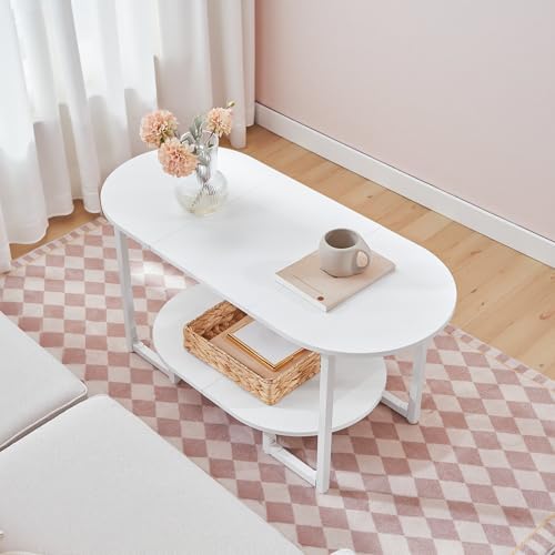 HOOBRO Coffee Table for Living Room, Oval Small Coffee Table with 2-Tier Open Storage Shelf, Industrial Cocktail Tea Table, Wooden Desktop Center Table, Farmhouse, Home Office, White WW09KF01 - Image 6