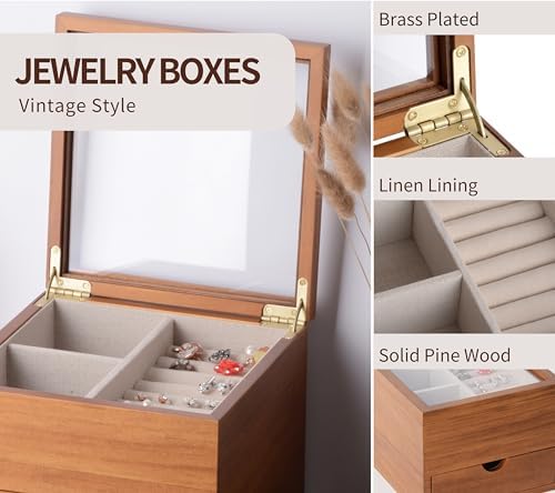 Clasin Home Jewelry Box with Glass Lid, 2 Layer Jewelry Organizer for Women, Solid Wooden Jewelry Box Display for Ring Earrings Necklace Bracelet, Pine Wood Jewelry Boxes Vintage Style for Gifts - Image 3