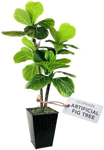 LCG Florals 3.2ft Artificial Fiddle Leaf Fig Tree - Real Wood Trunk, Preassembled, No Maintenance Indoor Faux Plant in Black Metal Pot - Living Room, Home & Office Decor by LCGFlorals