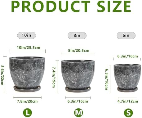 Ceramic Pots for Plant, 10+8+6 Inch Modern Flower Pot Indoor, Grey - Image 3
