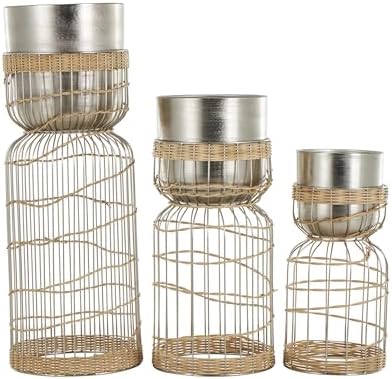 Deco 79 Metal Indoor Planter Textured Dome Large Planter Pot with Woven Rattan and Caged Rod Pedestal Base, Set of 3 Planters 30", 23", 18" H, Silver - Image 6