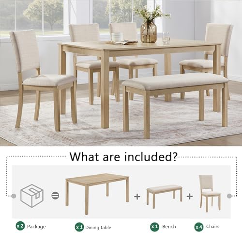 VilroCaz Farmhouse 6 Piece Dining Table Set, Wooden Rectangular Kitchen Table Set with 4 Upholstered Chairs and Bench for Living Room, Kitchen, Dining Room - Image 4