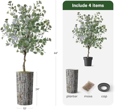 Artificial Tree in Black and Brown Striped Planter, Fake Eucalyptus Silk Tree for Indoor and Outdoor Home Decoration - 66" Overall Tall (Plant Pot Plus Tree) - Image 3