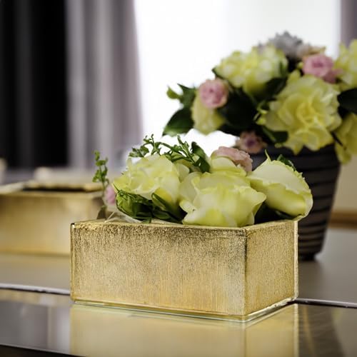 WGVI Long Rectangle Ceramic Planter Vase in Gold Etched 12" x 4" x 4"H, Block Rectangular Terrarium Box Pot, Flower Arrangement, Table top Centerpiece, Home Decor Storage Container, 1 Pc. - Image 7