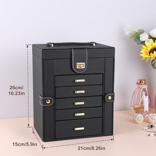 Kendal Jewelry Box, 6-Layer Jewelry Storage Organizer for Necklace Bracelet Rings Watch, 10.2"x8.2"x6" Classic Black PU Leather 5 Drawers Large Storage Capacity with Mirror - Image 2